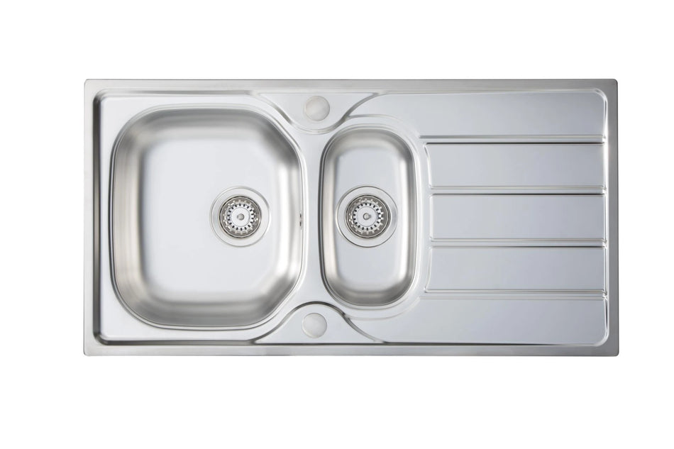 Inset stainless steel double-basin sink with two drain strainers