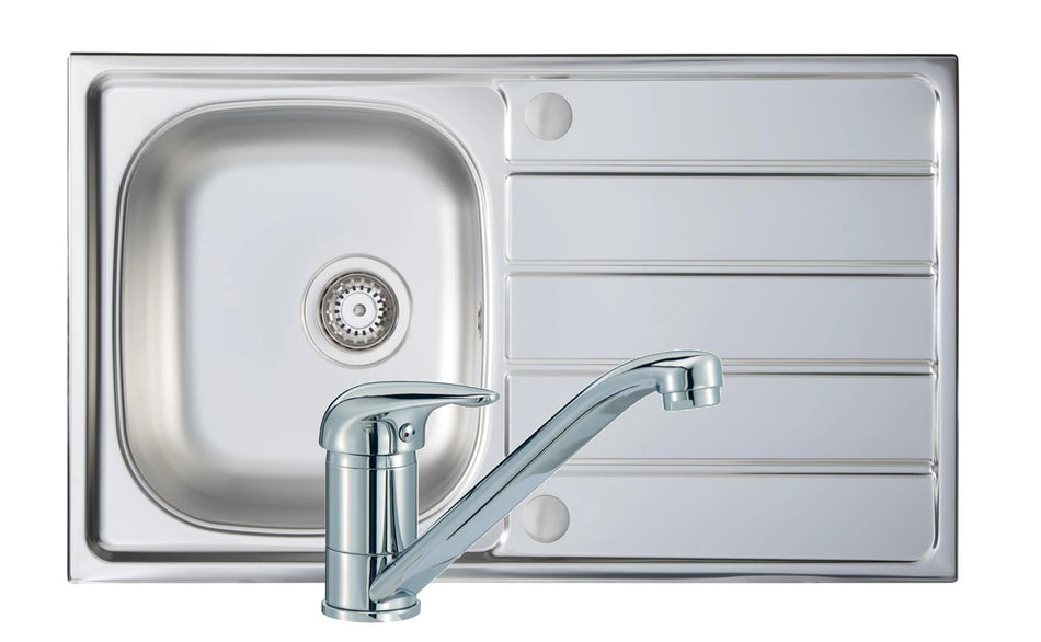 Stainless steel sink with single-lever mixer tap and drainer panel
