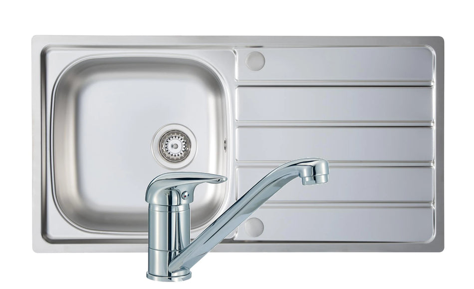 Stainless steel kitchen sink with single-lever mixer tap, 965x500mm layout