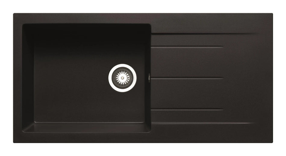 Black granite inset sink with circular tap fitting and chrome tap spout