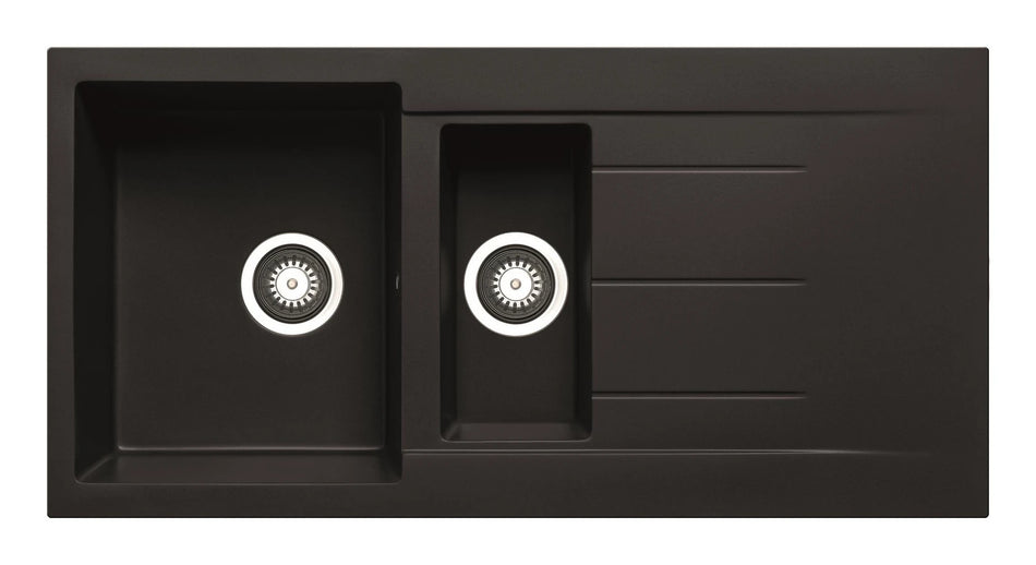 Black inset double sink with two circular drain strainers and tap mounting area