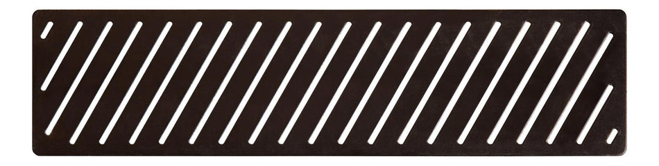 Linear tray waste cover in matt black with parallel slotted openings