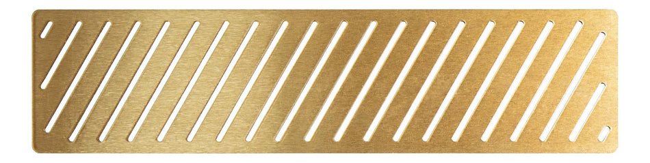 Linear tray waste cover in brushed brass with linear slot pattern