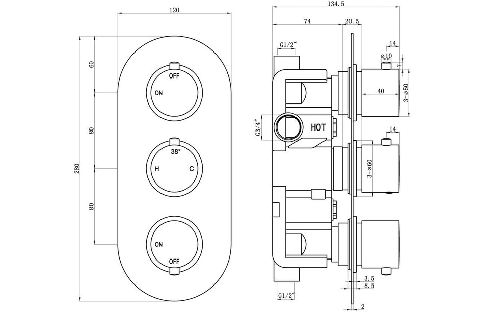 Aestro Shower Pack Four - Two Outlet Triple Shower Valve w/Riser & Overhead Kit - Chrome