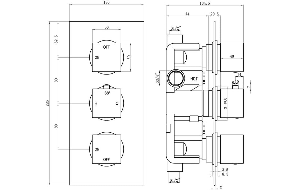 Comite Shower Pack Three - Two Outlet Triple Shower Valve w/Riser & Overhead Kit - Chrome