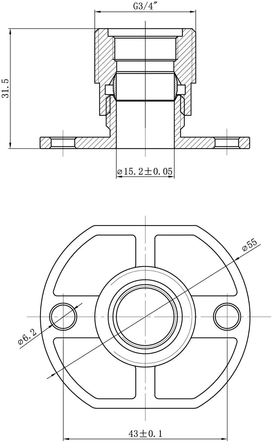 Shower valve fast-fitting kit technical drawing with size measurements