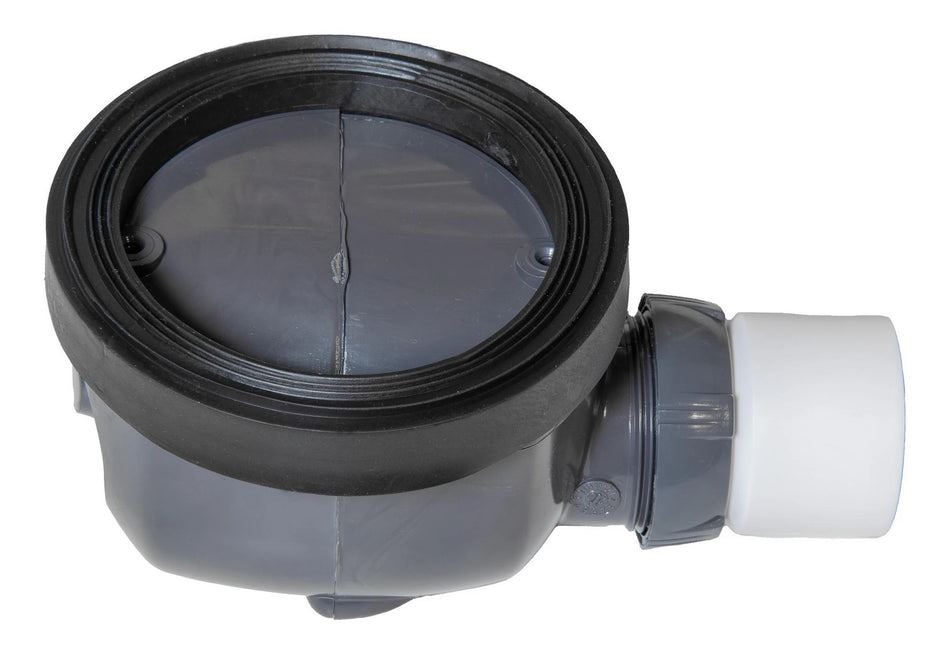 Linear shower drain waste connector with black rubber seal and white outlet fitting