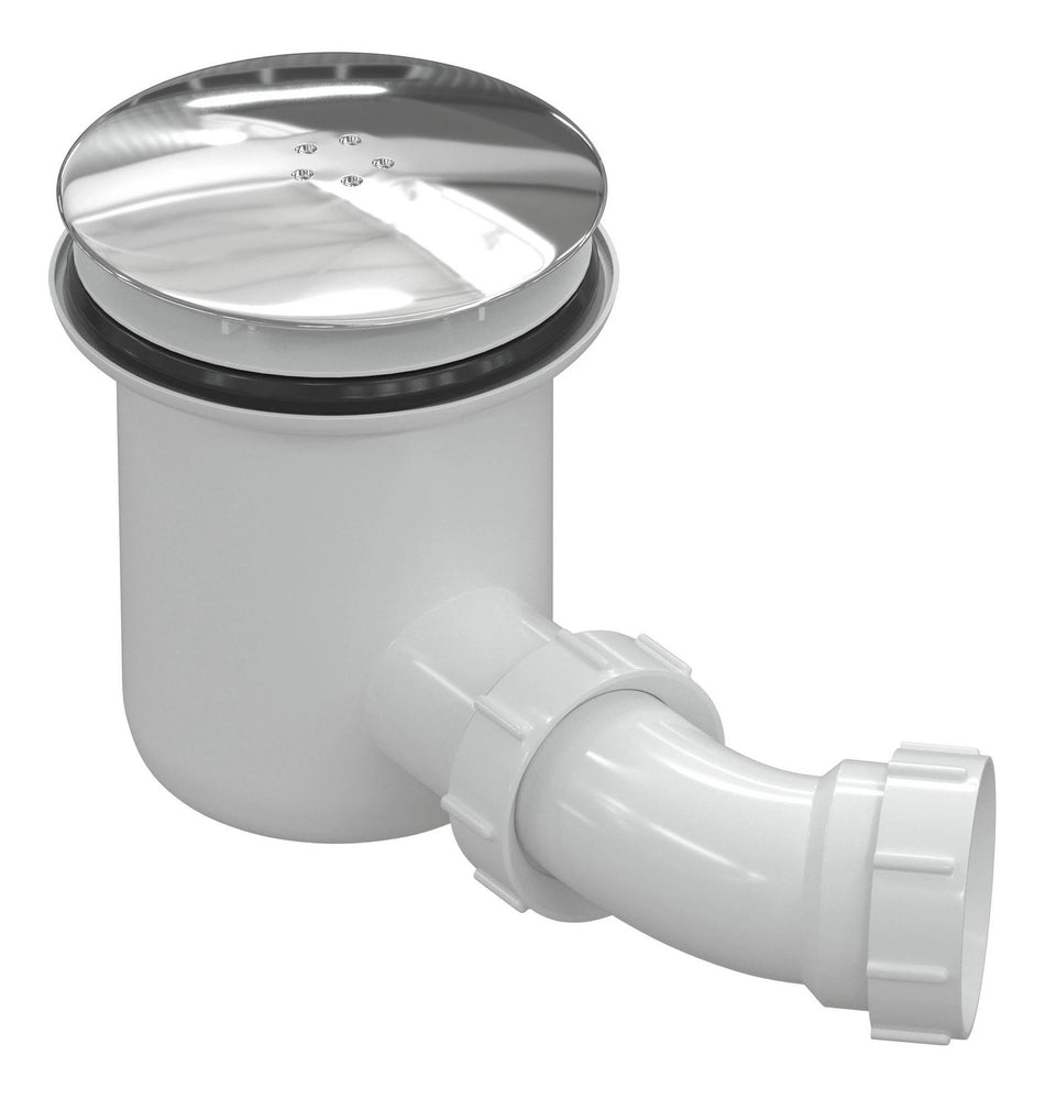 Low-profile tray waste with chrome cover, white body and outlet pipe