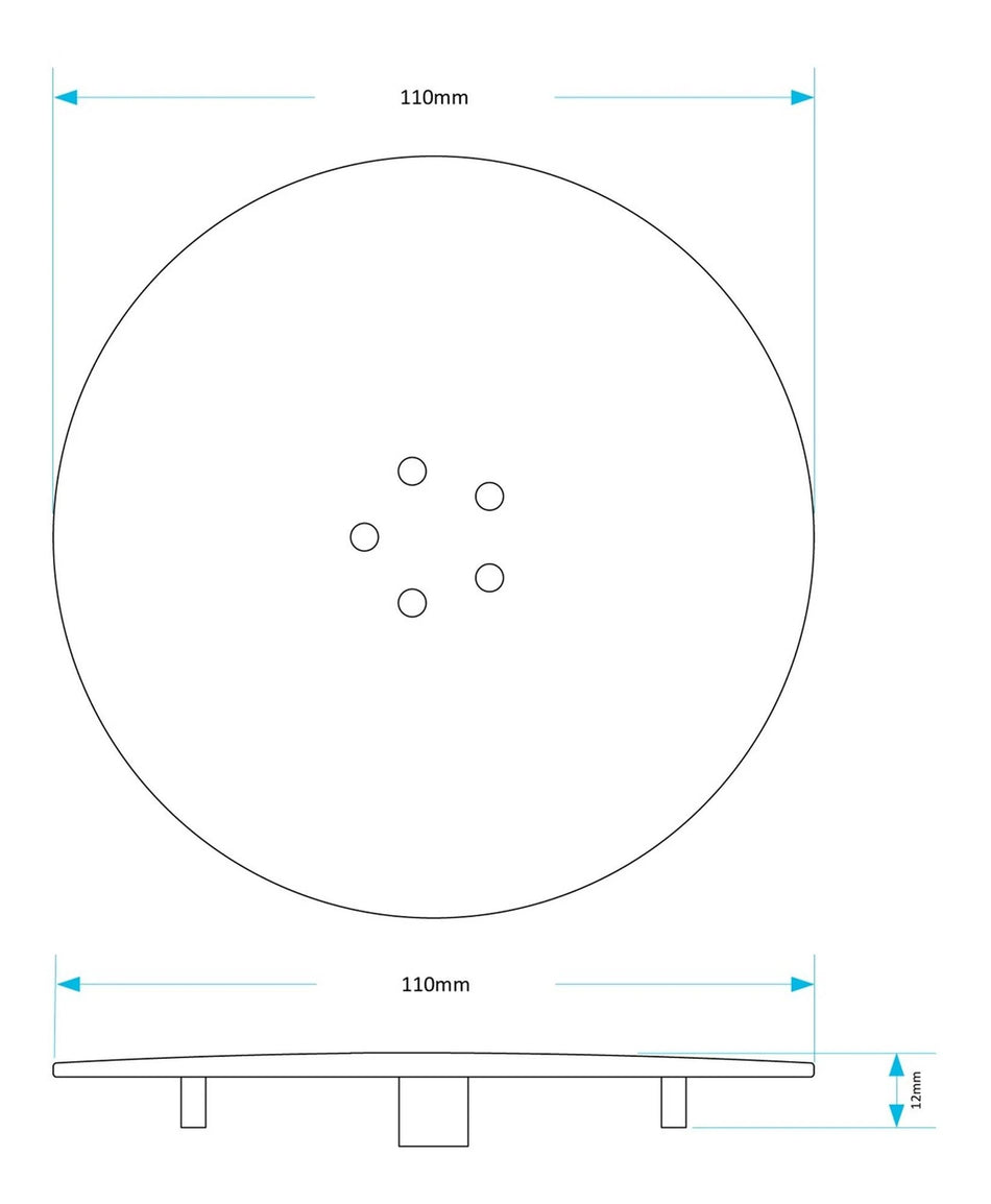 Round waste tray cover diagram, 110mm, matte black finish with five holes