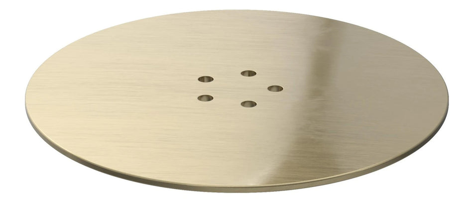 Brushed brass round tray waste cover with five small drain holes.