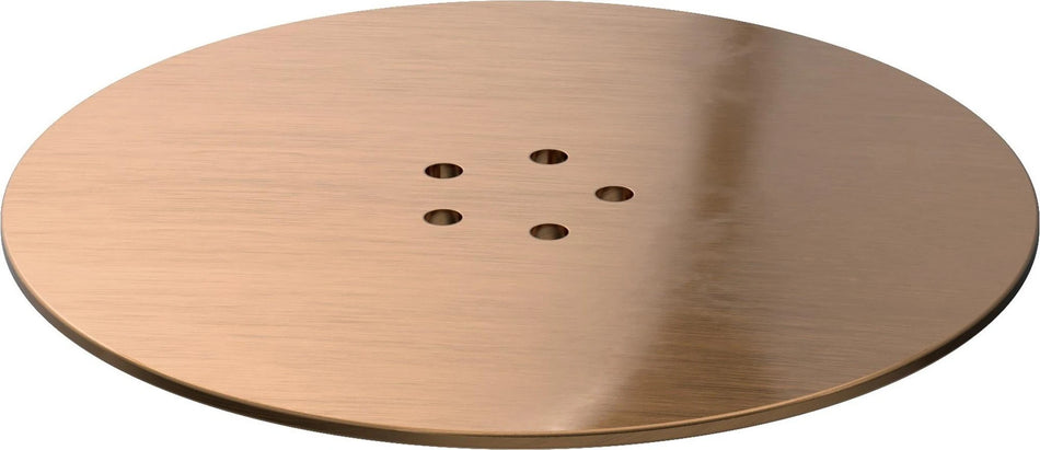 Low-profile tray waste cover in brushed bronze with five round drainage holes.