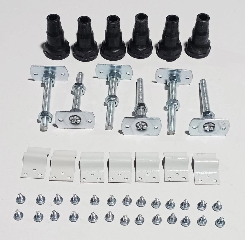 White low profile riser set components: black feet, galvanized brackets, bolts