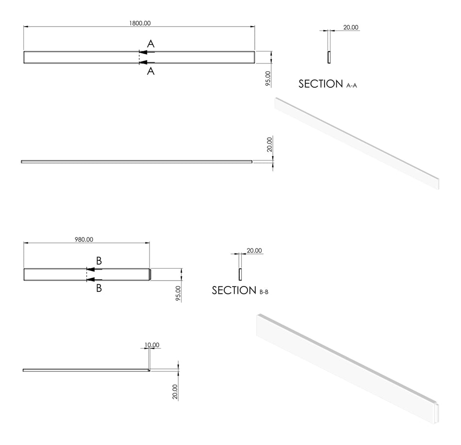 Technical drawing of low profile tray riser set with dimension lines and sections