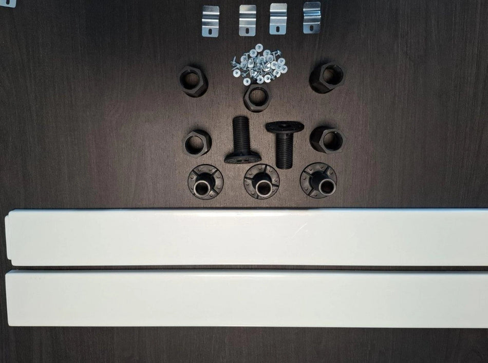 White low-profile leg set with mounting hardware, two long profiles shown