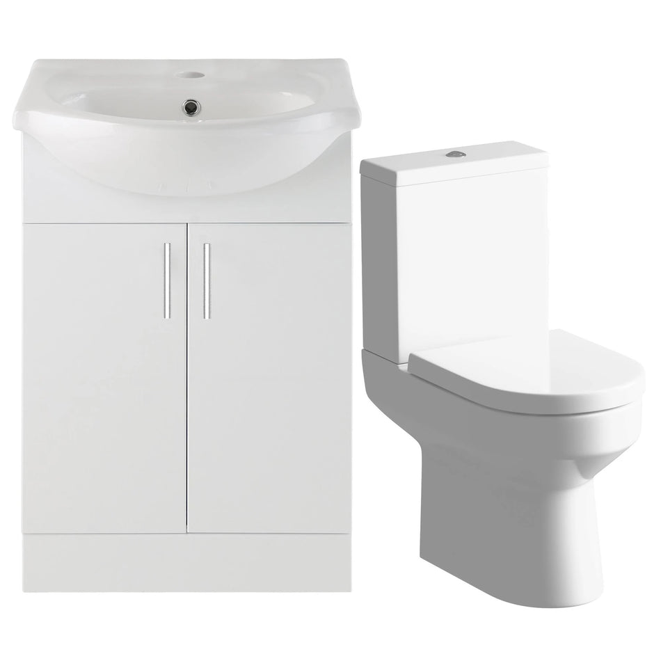 White gloss vanity unit with integrated basin and close-coupled white toilet