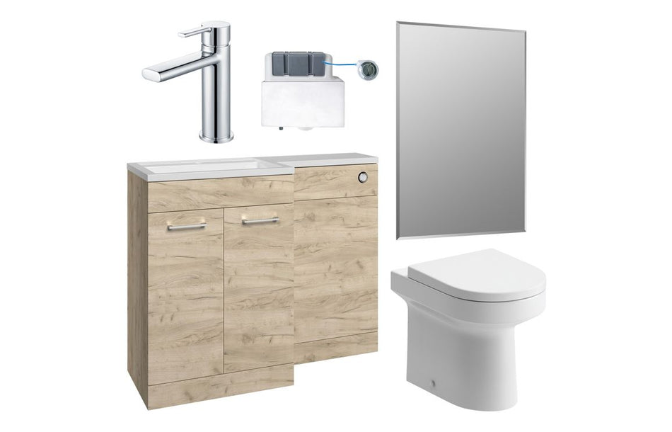 Venasa 1000mm Oak Bathroom Furniture & WC Pack with Basin, Cistern, Tap & Mirror