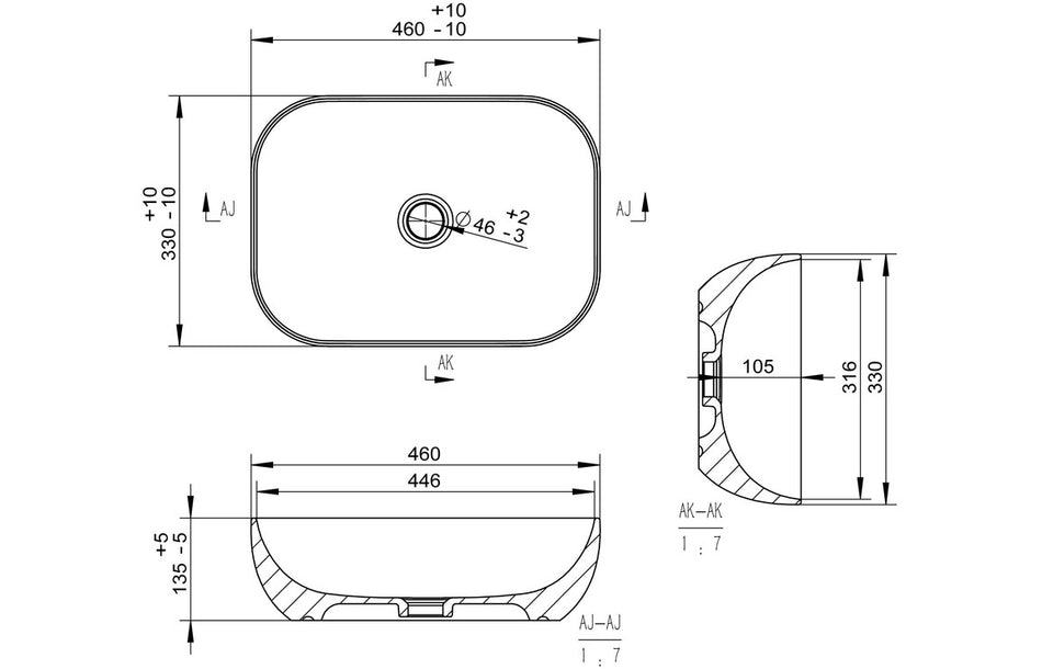 Otom 460x330mm Ceramic Washbowl - Grey Marble Effect