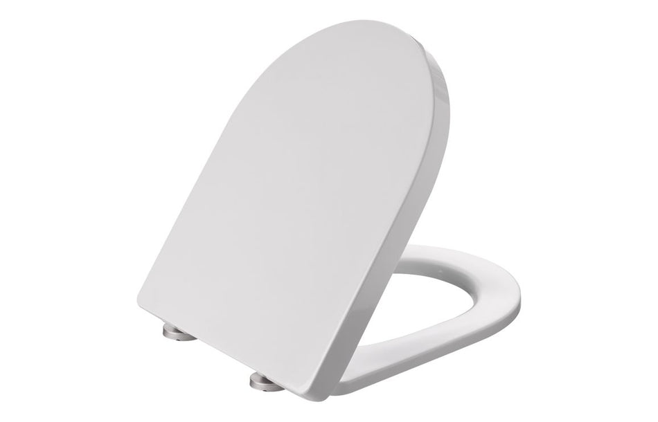 White soft-close toilet seat shown from side angle