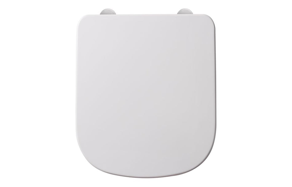 White square toilet seat lid with rounded edges and two mounting posts