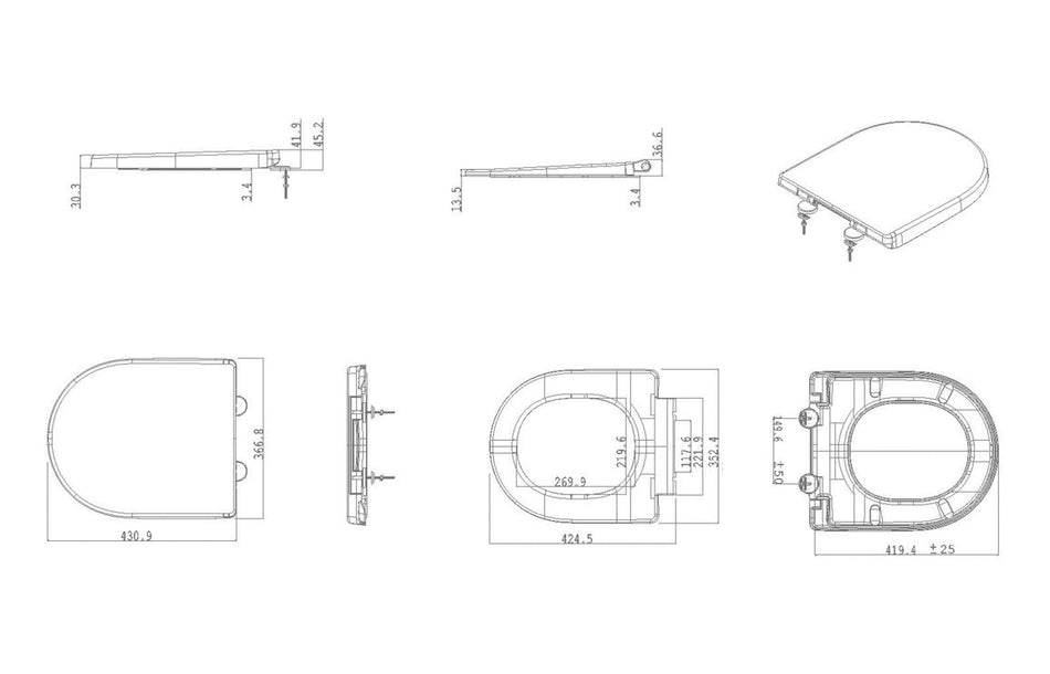 Toilet seat technical drawings with dimensions and side view