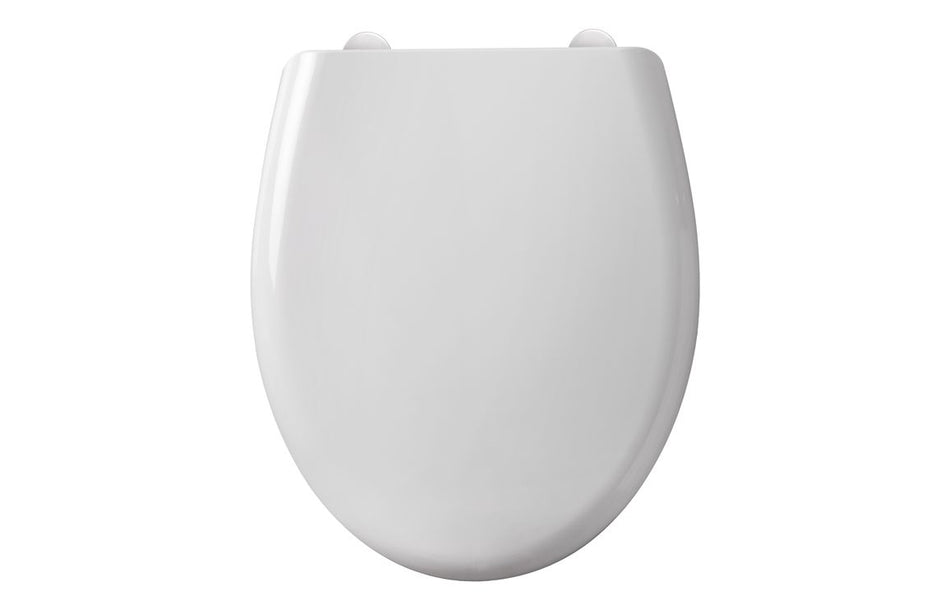 White soft-close toilet seat with lid down and smooth oval shape