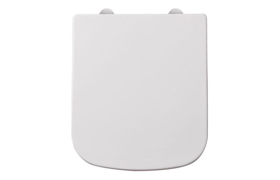 White wrapover toilet seat, top view with smooth rounded lid