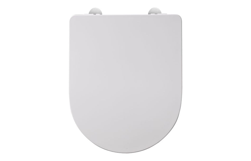 White slim toilet seat lid, front view with smooth oval shape