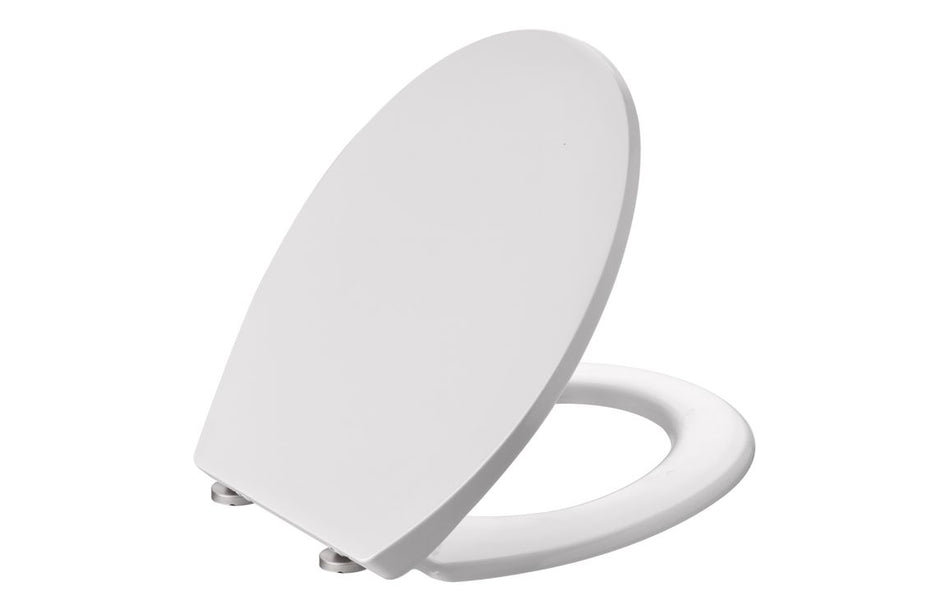White soft-close toilet seat with curved lid and visible hinge hardware, front view