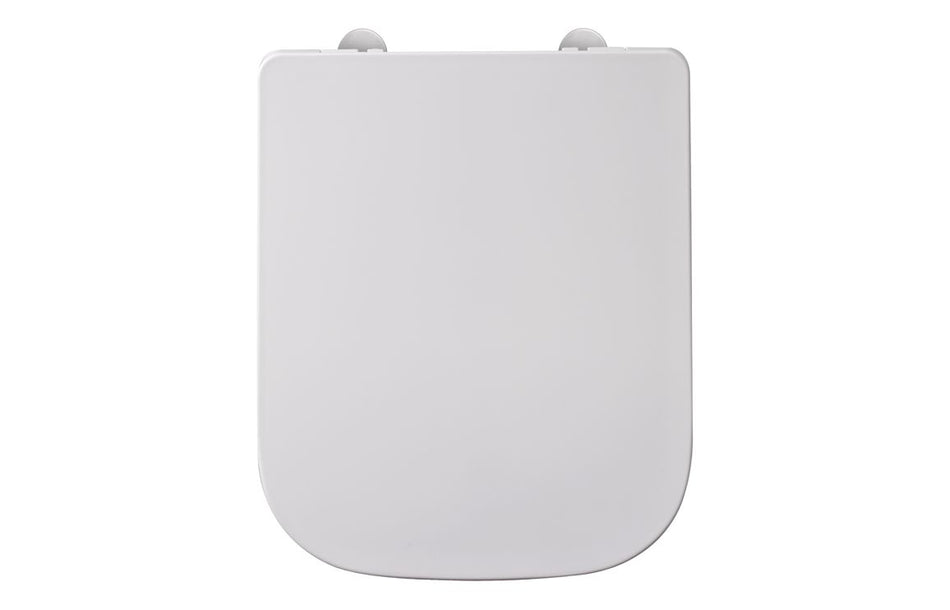 White square toilet seat with soft-close hinges, closed lid, top view