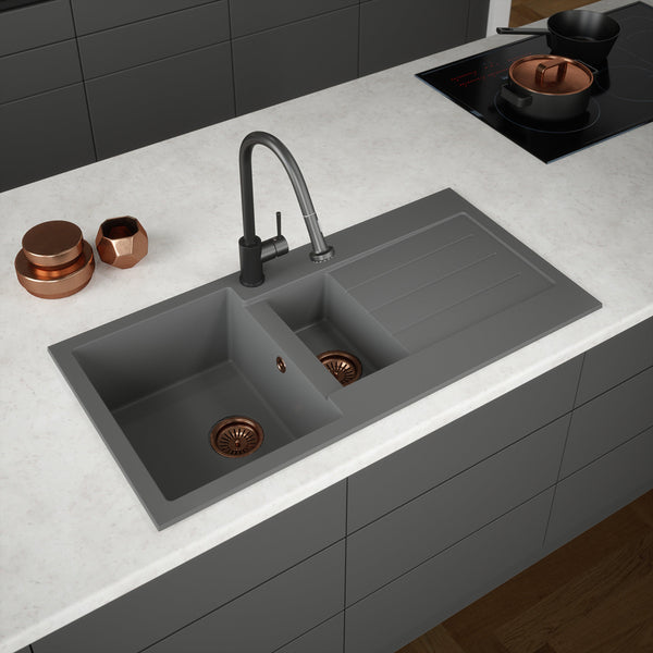Kitchen Sink 1.5 Bowl and Drainer Left or Right Handed with Wastes and Overflows (Grey)