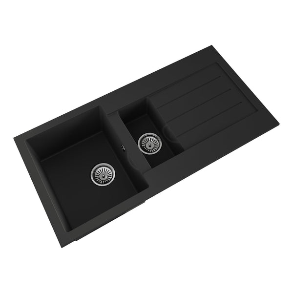 Kitchen Sink 1.5 Bowl and Drainer Left or Right Handed with Wastes and Overflows (Matt Black)