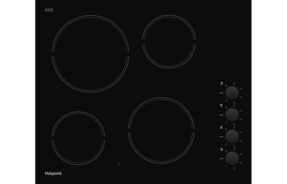 Hotpoint HR 620 R H 60cm Ceramic Hob – 4 Zone Built-In Black Integrated Kitchen Cooker, Side Rotary Dials, Residual Heat Indicator