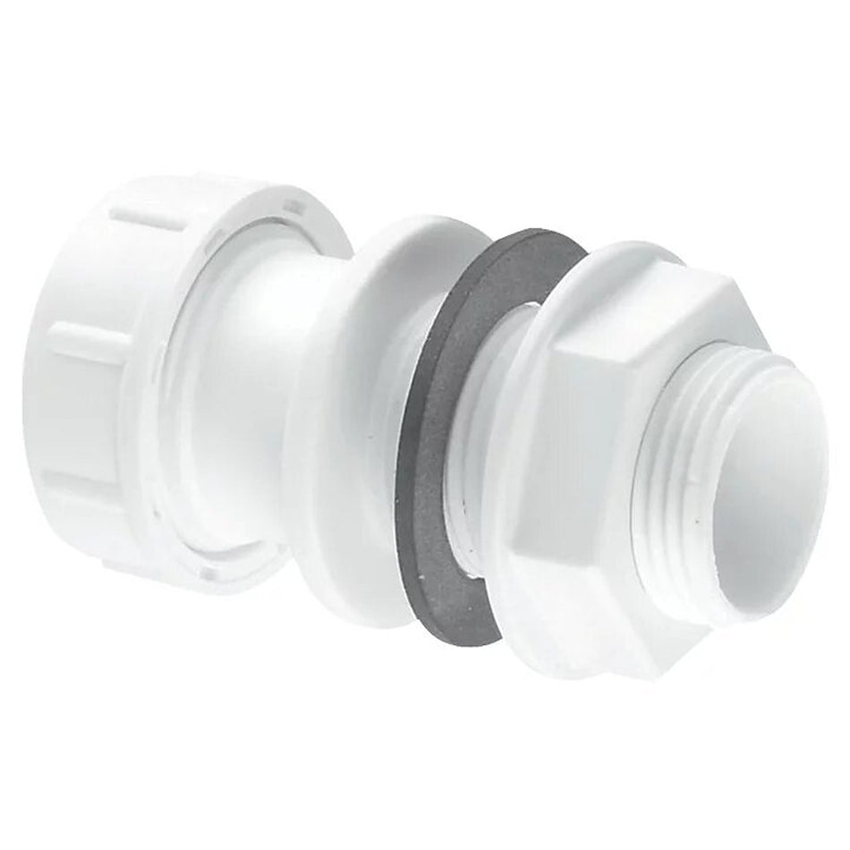MCALPINE STRAIGHT OVERFLOW TANK CONNECTOR WHITE 22MM