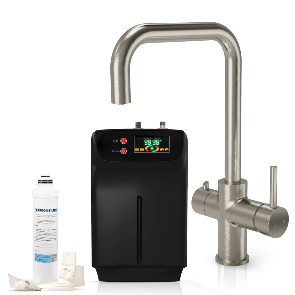 4 in 1 Boiling Water Tap, 2.4L Boiler Unit & Carbon Water Filter - Instant Hot Water Tap Brushed Steel