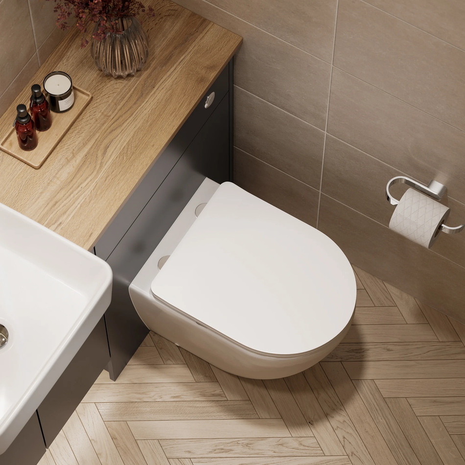 HiB Back to Wall WC - Easy Clean Rimless Pan with Quick Release Soft Close Seat, Curved & Squared Options, Chrome Hinges