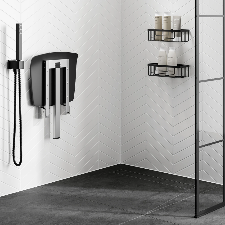 Shower Seat with Support Leg - Dark Grey: Stylish, Foldable Design, Supports Up to 150kg