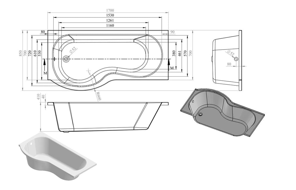 P-Shape Single End 1700x700-850x410mm 0TH Bath Only