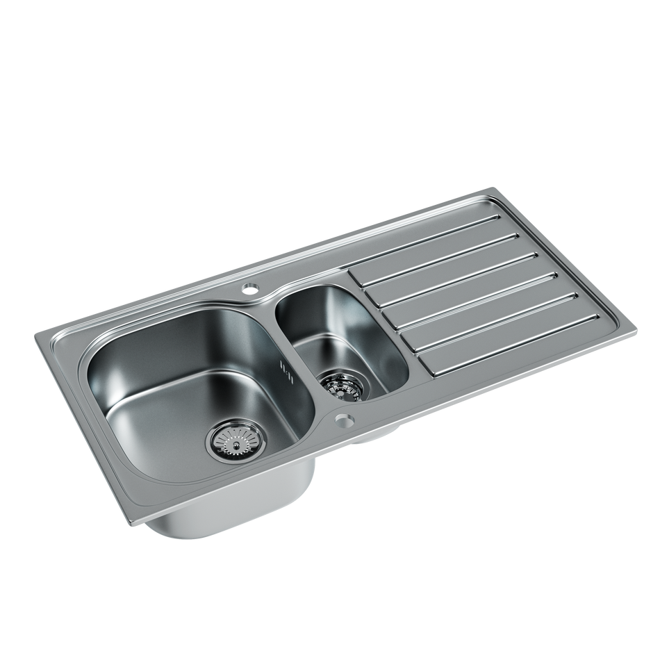 Inset 1.5 Bowl Stainless Steel Kitchen Sink with Waste and Overflow 1000mm L x 500mm W - Matt Satin