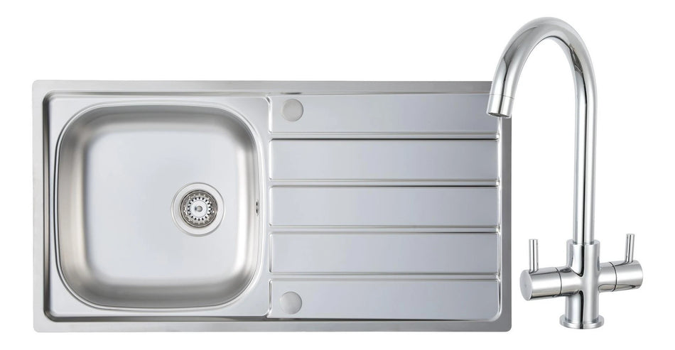 Stainless steel inset sink with chrome single mixer tap and spray head