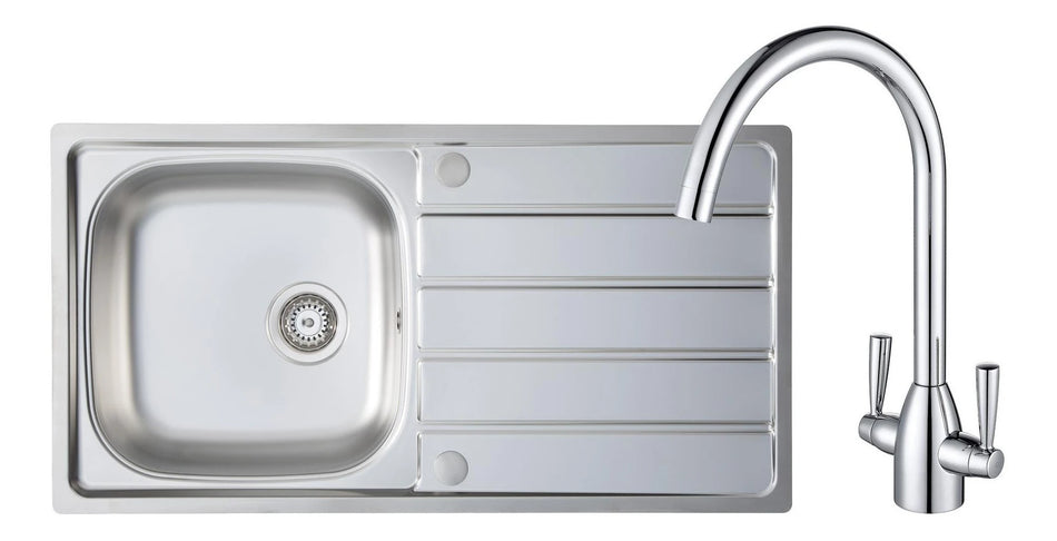 Inset sink with chrome tap and two control handles, stainless steel finish