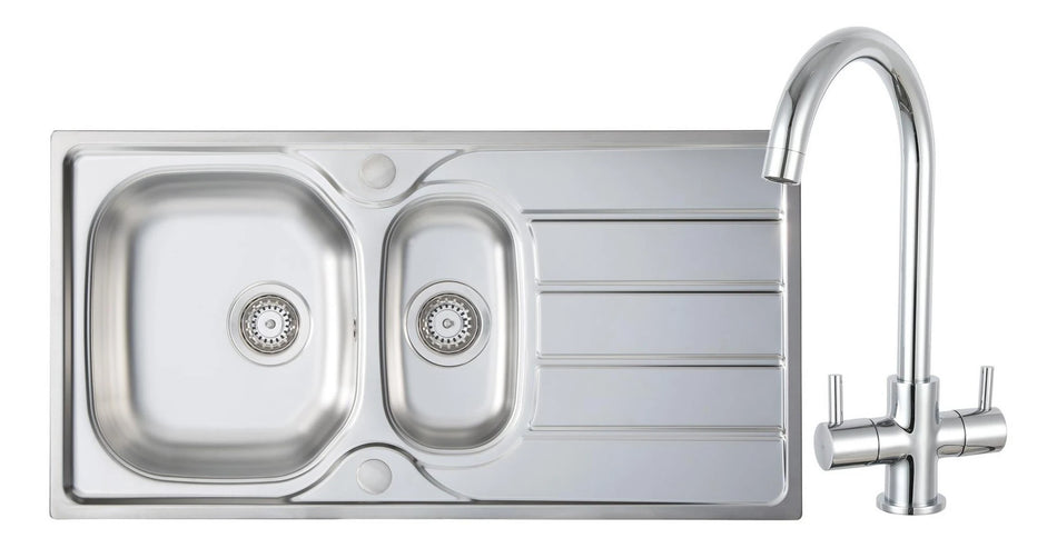 Stainless steel inset double sink with chrome tap and two deck-mounted faucets