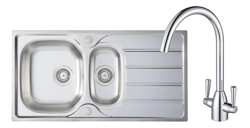 Inset double sink with chrome mixer tap and two circular faucet heads