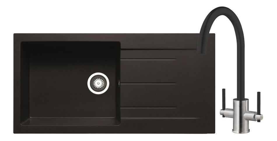 Granite inset sink with swan-neck mixer tap and flexible outlet, in black finish