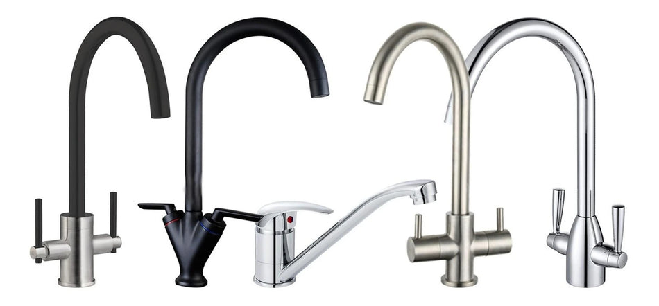 Set of kitchen taps with curved spouts in chrome and black finishes