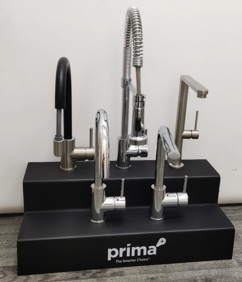 Prima stainless steel sink mixer set with black levers and flexible spring spray hose