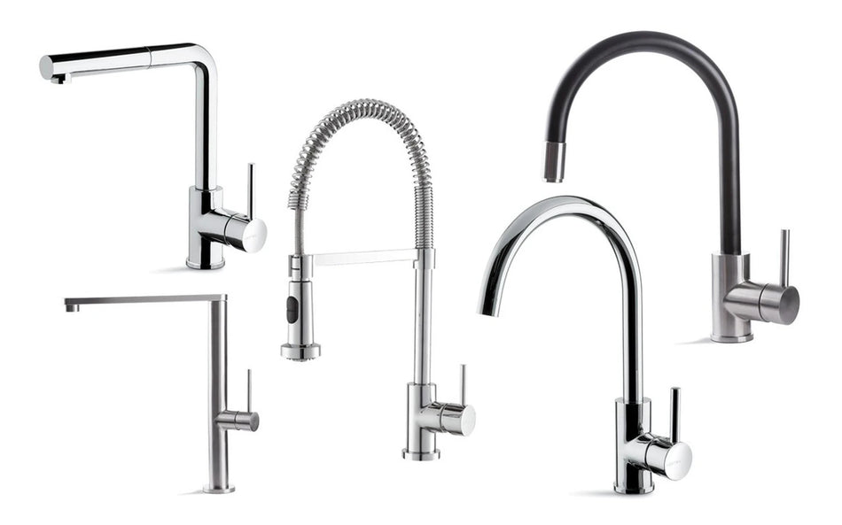 Chrome kitchen faucet set with curved spout, braided spray hose, and side controls