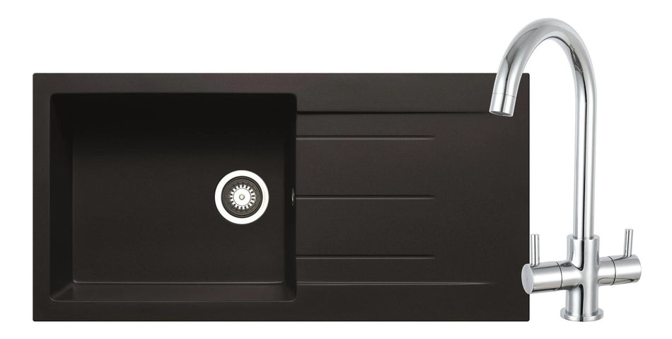 Black granite inset sink with chrome tap and round spray head