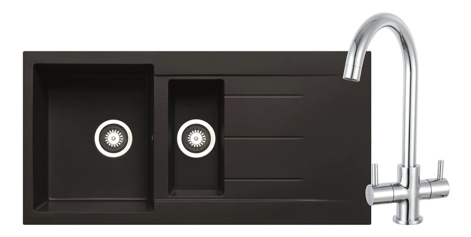 Black inset double sink with chrome tap and two circular drain strainers