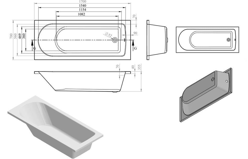Pierson D Shape Single End SUPERCAST 1700x700x550mm 2TH Bath w/Legs