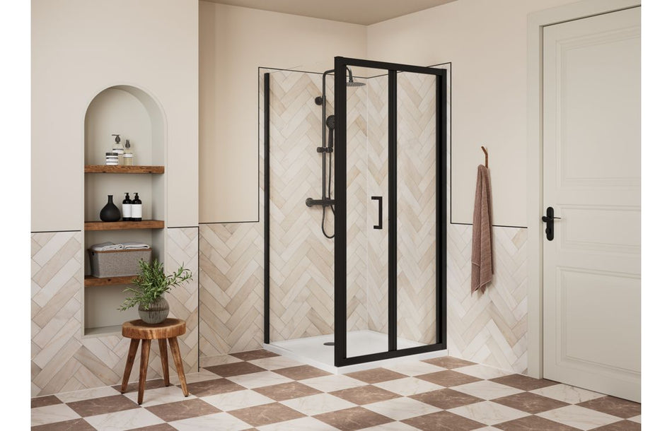 Excel Showers Classix Bi-Fold Shower Door – Matt Black, 5mm Easy Clean Glass, Recess Fit, 5 Year Guarantee